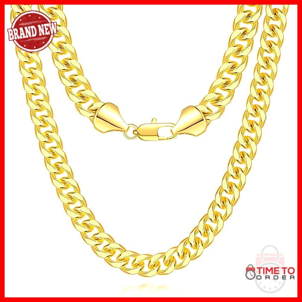 7mm 14K Gold Plated Cuban Link Chain Necklace Lobster Clasp 16-30"